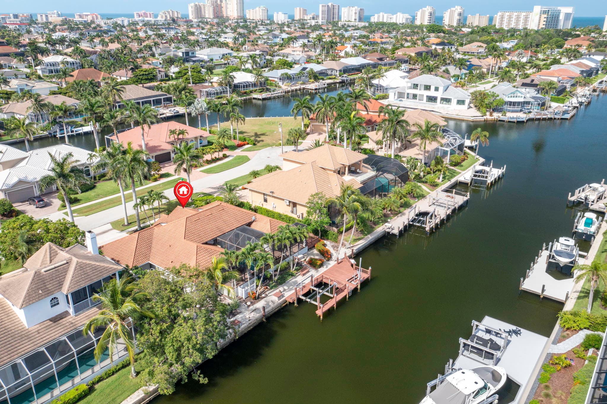 Aerial view of the home on the canal with neighbouring docks