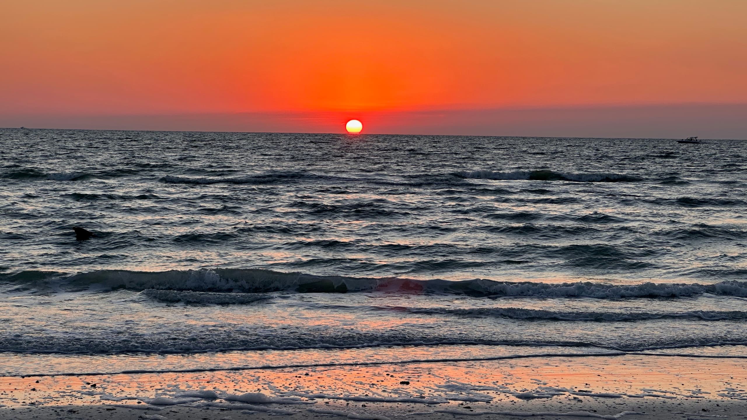 Sunset over the Gulf with the surf running up the sand